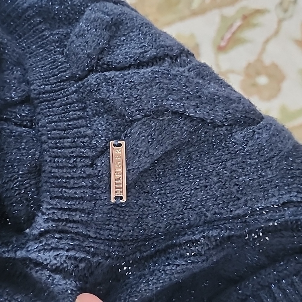 Tommy Hilfiger Womens Plus Metalic Blue Cotton Open Front Cardigan - Size 1X - Picture 2 of 7